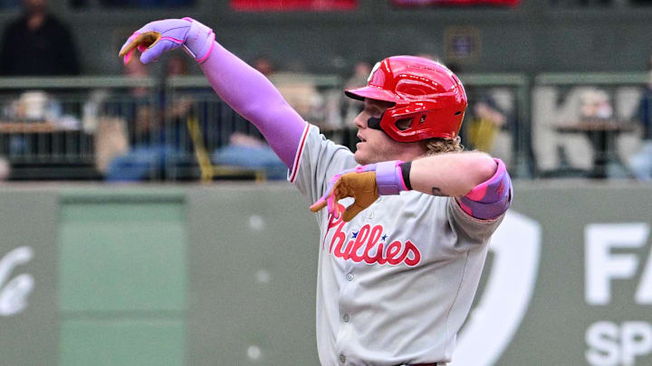 Sep 4, 2025; Milwaukee, Wisconsin, USA;  Philadelphia Phillies center fielder Harrison Bader (2) reacts after hitting a double in the ninth inning against the Milwaukee Brewers at American Family Field. Mandatory Credit: Benny Sieu-Imagn Images