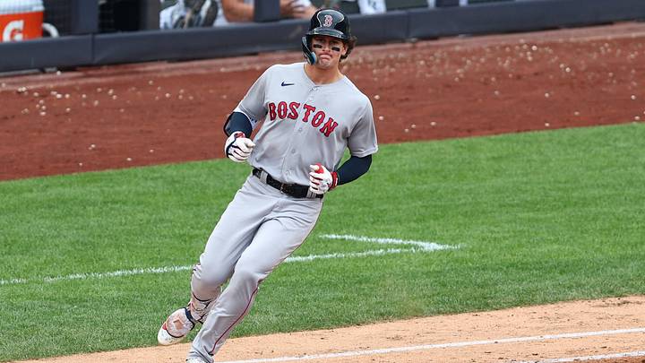 Aug 30, 2026; Bronx, New York, USA;  Boston Red Sox outfielder Roman Anthony (19) hits a single during the sixth inning against the New York Yankees at Yankee Stadium.  Mandatory Credit: Vincent Carchietta-Imagn Images