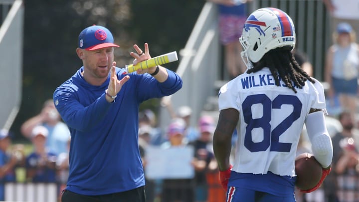 Bills offensive coordinator Joe Brady goes over routes with wide receiver Kristian Wilkerson during the second day of Buffalo Bills training camp at St. John Fisher University Thursday, July 24, 2025 in Pittsford. Bills offensive coordinator Joe Brady goes over routes with wide receiver Kristian Wilkerson during the second day of Buffalo Bills training camp at St. John Fisher University Thursday, July 24, 2025 in Pittsford.