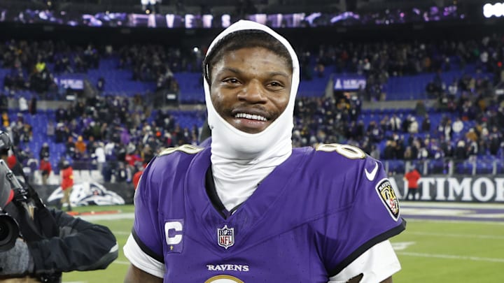 Baltimore Ravens quarterback Lamar Jackson celebrates after defeating the Pittsburgh Steelers in the wild-card round. Baltimore Ravens quarterback Lamar Jackson celebrates after defeating the Pittsburgh Steelers in the wild-card round.
