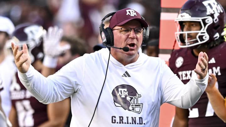 Sep 27, 2025; College Station, Texas, USA; Texas A&M Aggies head coach Mike Elko reacts during the third quarter against the Auburn Tigers at Kyle Field. Mandatory Credit: Maria Lysaker-Imagn Images Sep 27, 2025; College Station, Texas, USA; Texas A&M Aggies head coach Mike Elko reacts during the third quarter against the Auburn Tigers at Kyle Field. Mandatory Credit: Maria Lysaker-Imagn Images