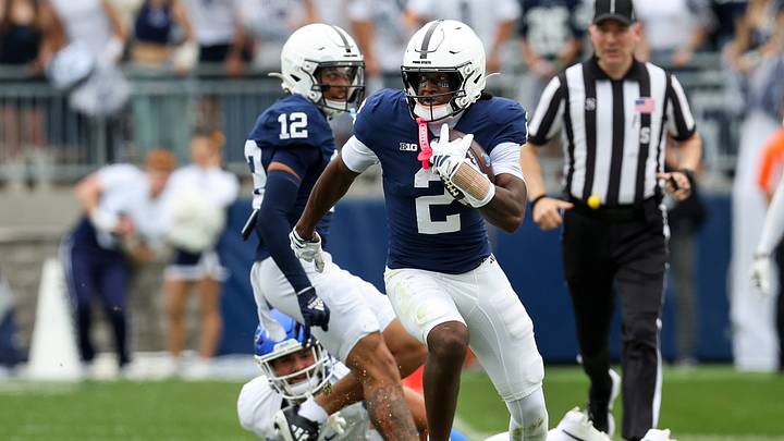 Penn State Nittany Lions wide receiver Zay Robinson (2) runs with the ball on a punt return vs. the Buffalo Bulls at Beaver Stadium. Penn State Nittany Lions wide receiver Zay Robinson (2) runs with the ball on a punt return vs. the Buffalo Bulls at Beaver Stadium.