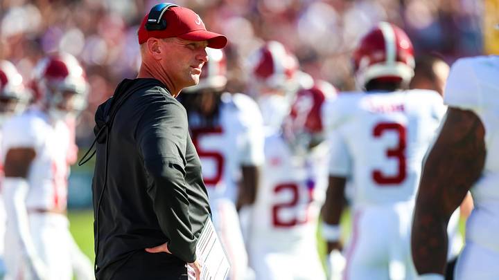 Oct 25, 2025; Columbia, South Carolina, USA; Alabama Crimson Tide head coach Kalen Deboer directs his team against the South Carolina Gamecocks in the first quarter at Williams-Brice Stadium. Mandatory Credit: Jeff Blake-Imagn Images