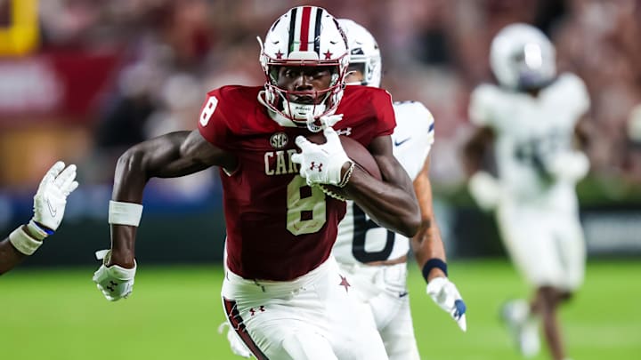 Sep 21, 2024; Columbia, South Carolina, USA; South Carolina Gamecocks wide receiver Nyck Harbor (8) makes a reception, called back for penalty, against the Akron Zips in the second half at Williams-Brice Stadium. Mandatory Credit: Jeff Blake-Imagn Images Sep 21, 2024; Columbia, South Carolina, USA; South Carolina Gamecocks wide receiver Nyck Harbor (8) makes a reception, called back for penalty, against the Akron Zips in the second half at Williams-Brice Stadium. Mandatory Credit: Jeff Blake-Imagn Images
