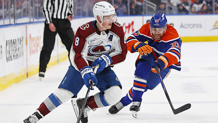Feb 7, 2025; Edmonton, Alberta, CAN; Colorado Avalanche defensemen Cale Makar (8) looks to make a pass in front of Edmonton Oilers forward Victor Arvidsson (33) during the second period at Rogers Place. Mandatory Credit: Perry Nelson-Imagn Images