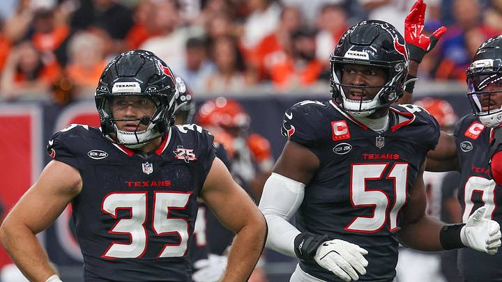 Sep 20, 2026; Houston, Texas, USA; Houston Texans linebacker Jake Hansen (35) defensive end Will Anderson Jr. (51) and linebacker Azeez al-Shaair (0) look to the sidelines for the defensive call against the Cincinnati Bengals at Reliant Stadium. Mandatory Credit: Thomas Shea-Imagn Images Sep 20, 2026; Houston, Texas, USA; Houston Texans linebacker Jake Hansen (35) defensive end Will Anderson Jr. (51) and linebacker Azeez al-Shaair (0) look to the sidelines for the defensive call against the Cincinnati Bengals at Reliant Stadium. Mandatory Credit: Thomas Shea-Imagn Images