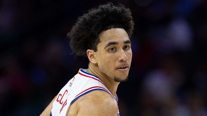Nov 27, 2024; Philadelphia, Pennsylvania, USA; Philadelphia 76ers guard Jared McCain (20) controls the ball against the Houston Rockets during the second quarter at Wells Fargo Center. Mandatory Credit: Bill Streicher-Imagn Images Nov 27, 2024; Philadelphia, Pennsylvania, USA; Philadelphia 76ers guard Jared McCain (20) controls the ball against the Houston Rockets during the second quarter at Wells Fargo Center. Mandatory Credit: Bill Streicher-Imagn Images