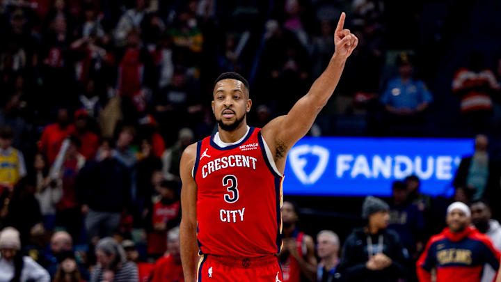 Feb 13, 2025; New Orleans, Louisiana, USA;  New Orleans Pelicans guard CJ McCollum (3) reacts to a play against the Sacramento Kings during the second half at Smoothie King Center. Mandatory Credit: Stephen Lew-Imagn Images