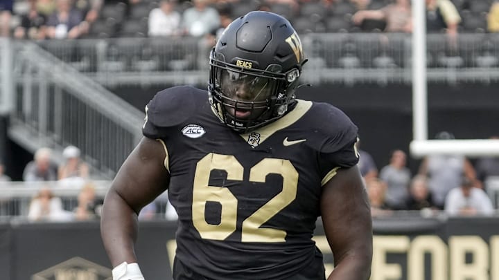 Sep 9, 2023; Winston-Salem, North Carolina, USA; Wake Forest Demon Deacons offensive lineman DeVonte Gordon (62) during the second quarter at Allegacy Federal Credit Union Stadium. Mandatory Credit: Jim Dedmon-Imagn Images