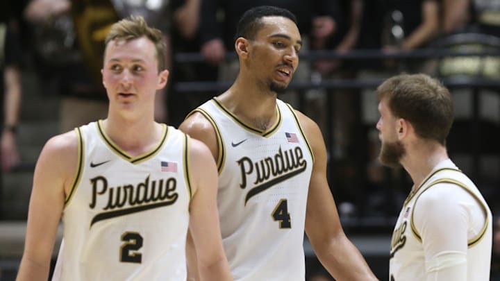 Purdue Boilermakers guard Fletcher Loyer (2), forward Trey Kaufman-Renn (4), and guard Braden Smith (3)