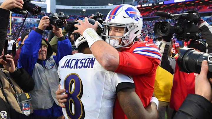 Dec 8, 2019; Orchard Park, NY, USA; Baltimore Ravens quarterback Lamar Jackson (8) and Buffalo Bills quarterback Josh Allen (17) 