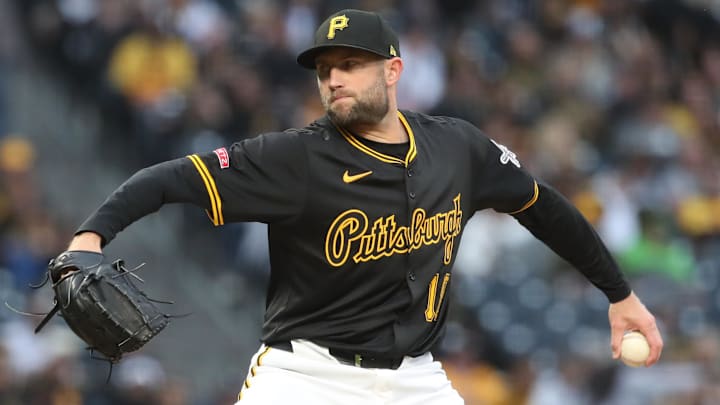 Apr 4, 2025; Pittsburgh, Pennsylvania, USA;  Pittsburgh Pirates relief pitcher Tim Mayza (18) pitches against the New York Yankees during the sixth inning at PNC Park. Mandatory Credit: Charles LeClaire-Imagn Images