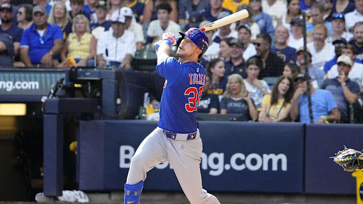 Oct 4, 2025; Milwaukee, Wisconsin, USA; Chicago Cubs designated hitter Kyle Tucker (30) flies out against the Milwaukee Brewers during the sixth inning of game one of the NLDS round for the 2025 MLB playoffs at American Family Field. Mandatory Credit: Michael McLoone-Imagn Images