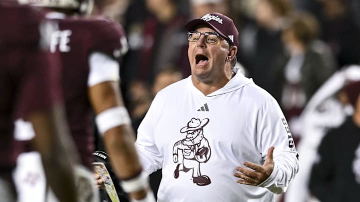 Nov 30, 2024; College Station, Texas, USA; Texas A&M Aggies head coach Mike Elko reacts during the second half against the Texas Longhorns. The Longhorns defeated the Aggies 17-7. at Kyle Field. Mandatory Credit: Maria Lysaker-Imagn Images 