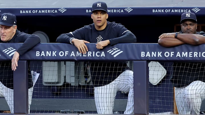 Jun 7, 2024; Bronx, New York, USA; New York Yankees right fielder Juan Soto (22) watches from the bench during the third inning against the Los Angeles Dodgers at Yankee Stadium. Mandatory Credit: Brad Penner-USA TODAY Sports