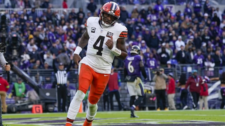 Nov 12, 2023; Baltimore, Maryland, USA;  Cleveland Browns quarterback Deshaun Watson (4) celebrates a two-point conversion against the Baltimore Ravens during the second half at M&T Bank Stadium. Mandatory Credit: Jessica Rapfogel-USA TODAY Sports