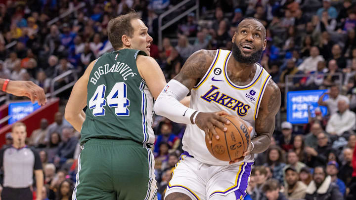 Dec 11, 2022; Detroit, Michigan, USA; Los Angeles Lakers forward LeBron James (6) drives to the