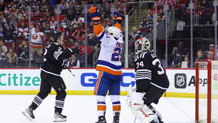 Apr 15, 2024; Newark, New Jersey, USA; New York Islanders center Kyle Palmieri (21) celebrates his
