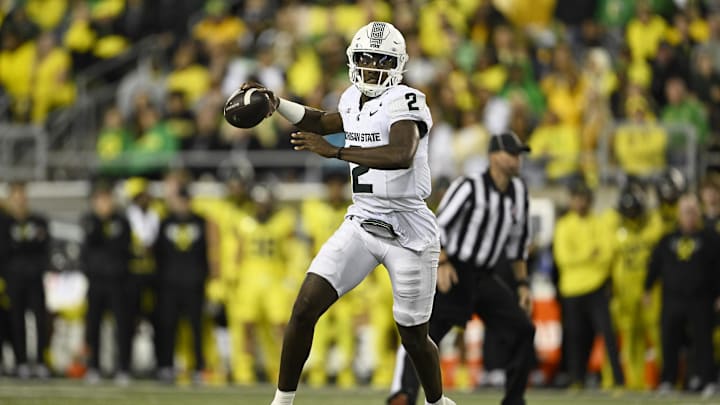Oct 4, 2024; Eugene, Oregon, USA; Michigan State Spartans quarterback Aidan Chiles (2) throws a pass during the second half against the Oregon Ducks at Autzen Stadium. Mandatory Credit: Troy Wayrynen-Imagn Images
