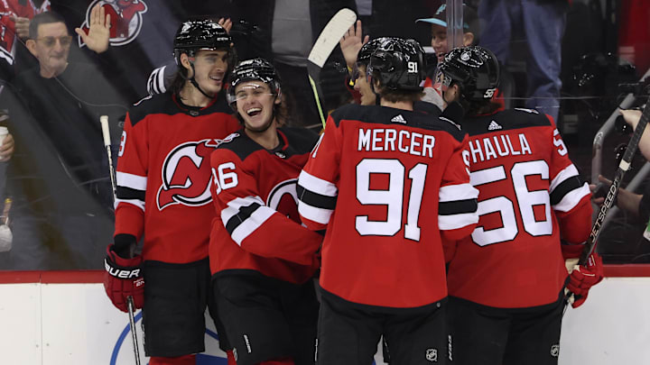 Nov 26, 2022; Newark, New Jersey, USA; New Jersey Devils center Jack Hughes (86) celebrates his goal