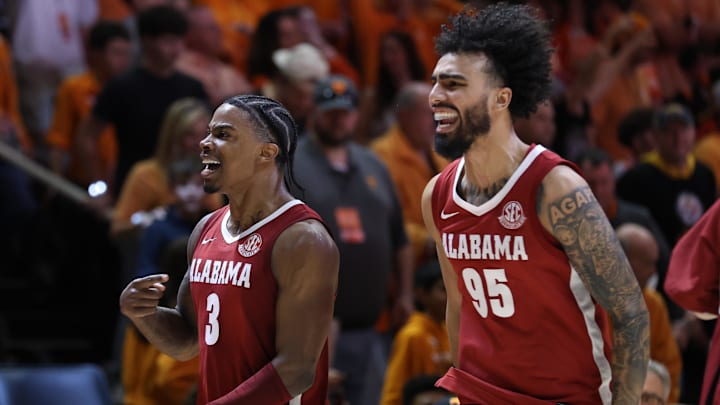 Feb 28, 2026; Knoxville, Tennessee, USA;  Alabama Crimson Tide guard Latrell Wrightsell Jr. (3) and guard Houston Mallette (95) celebrate after the game against the Tennessee Volunteers at Thompson-Boling Arena at Food City Center. Mandatory Credit: Randy Sartin-Imagn Images