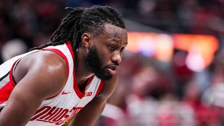 Ohio State Buckeyes guard Bruce Thornton (2) looks down during a free throw Wednesday, March 12, 2025, in a first round game at the 2025 TIAA Big Ten Men’s Basketball Tournament between the Iowa Hawkeyes and the Ohio State Buckeyes at Gainbridge Fieldhouse in Indianapolis. The Hawkeyes defeated the Buckeyes, 77-70.