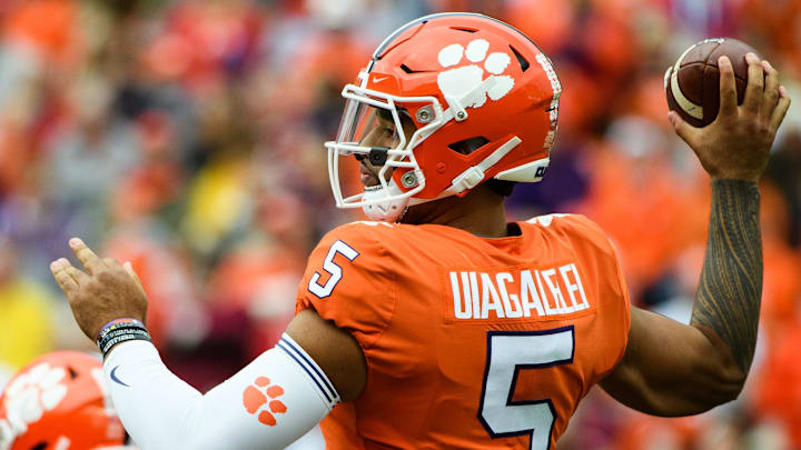 Clemson quarterback D.J. Uiagalelei (5) throws the ball during their game against Florida State.