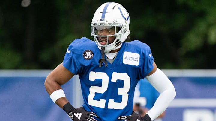 Indianapolis Colts cornerback Kenny Moore II (23) waits for a one-on-one Monday, July 28, 2025, during training camp held at Grand Park in Westfield.