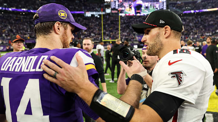 Minnesota Vikings quarterback Sam Darnold and Atlanta Falcons quarterback Kirk Cousins shake hands after the game at U.S. Bank Stadium in Minneapolis on Dec. 8, 2024. Minnesota Vikings quarterback Sam Darnold and Atlanta Falcons quarterback Kirk Cousins shake hands after the game at U.S. Bank Stadium in Minneapolis on Dec. 8, 2024.