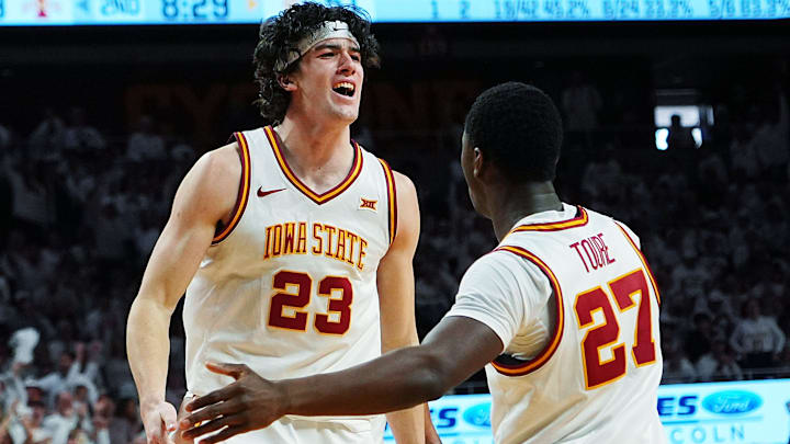 Iowa State Cyclones forward Blake Buchanan (23) celebrates with Iowa State Cyclones forward Killyan Toure (27) after a dunk against Baylor during the second half in the Big-12 men’s basketball on Feb. 7, 2026, at Hilton Coliseum in Ames, Iowa