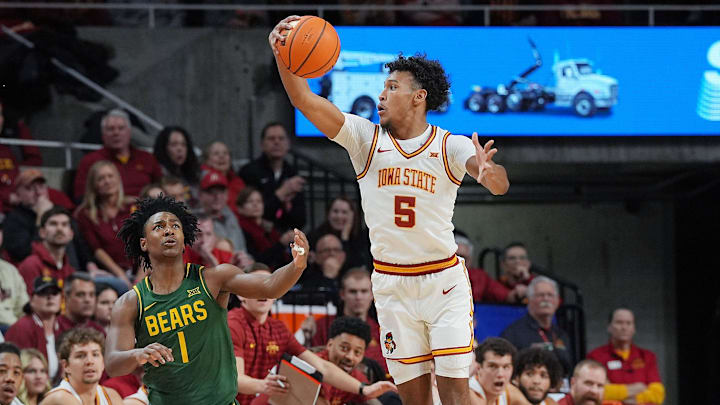 Iowa State Cyclones guard Curtis Jones (5) steals the ball from Baylor Bear guard Robert O. Wright III (1) during the first half in the NCAA men’s basketball at Hilton Coliseum on Saturday, Jan. 4, 2025, in Ames, Iowa. Iowa State Cyclones guard Curtis Jones (5) steals the ball from Baylor Bear guard Robert O. Wright III (1) during the first half in the NCAA men’s basketball at Hilton Coliseum on Saturday, Jan. 4, 2025, in Ames, Iowa.