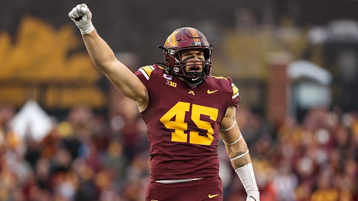 Nov 23, 2024; Minneapolis, Minnesota, USA; Minnesota Golden Gophers linebacker Cody Lindenberg (45) celebrates during the second quarter against the Penn State Nittany Lions at Huntington Bank Stadium. Nov 23, 2024; Minneapolis, Minnesota, USA; Minnesota Golden Gophers linebacker Cody Lindenberg (45) celebrates during the second quarter against the Penn State Nittany Lions at Huntington Bank Stadium.