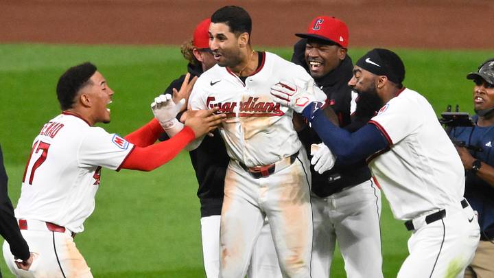 Sep 15, 2026: Cleveland Guardians shortstop Brayan Rocchio (center) celebrates his game-winning, 2-RBI double in the ninth inning against the Chicago White Sox at Progressive Field. Credit: David Richard-Imagn Images