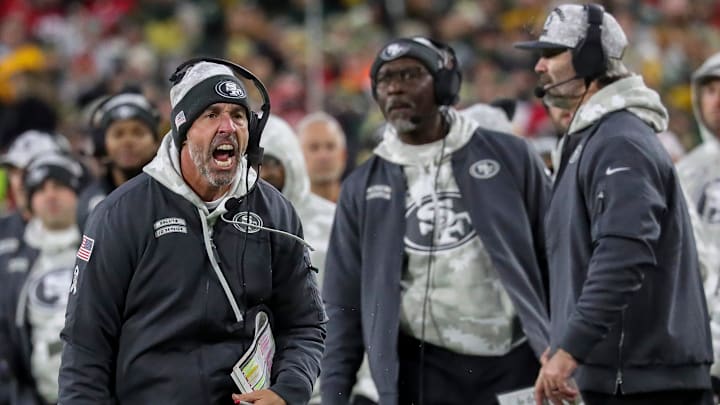 San Francisco 49ers head coach Kyle Shanahan argues with a referee after a penalty was called against the 49ers during a game against the Green Bay Packers on Sunday, November 24, 2024, at Lambeau Field in Green Bay, Wis. The Packers won the game, 38-10.
Tork Mason/USA TODAY NETWORK-Wisconsin