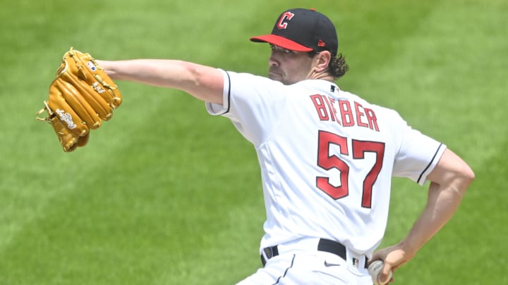 Jun 11, 2023; Cleveland, Ohio, USA; Cleveland Guardians starting pitcher Shane Bieber (57) delivers