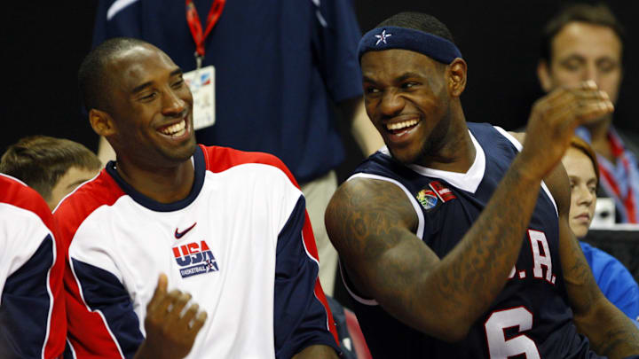 Aug 28, 2007; Las Vegas, NV, USA; USA guard (10) Kobe Bryant and forward (6) LeBron James react on the bench as USA defeats Puerto Rico 117-78 in the second round of the 2007 FIBA Americas Championship at the Thomas and Mack Center.