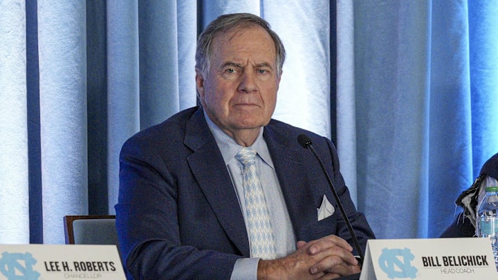 Dec 12, 2024; Chapel Hill, NC, USA;   North Carolina Tar Heels new head coach Bill Belichick speaks to the media at Loudermilk Center for Excellence. Mandatory Credit: Jim Dedmon-Imagn Images