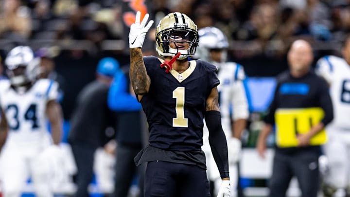 Sep 8, 2024; New Orleans, Louisiana, USA;  New Orleans Saints cornerback Alontae Taylor (1) reacts to sacking Carolina Panthers quarterback Bryce Young (9) during the second half at Caesars Superdome. Mandatory Credit: Stephen Lew-Imagn Images
