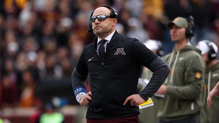 Nov 1, 2025; Minneapolis, Minnesota, USA; Minnesota Golden Gophers head coach P.J. Fleck looks on during the first half against the Michigan State Spartans at Huntington Bank Stadium. Mandatory Credit: Matt Krohn-Imagn Images