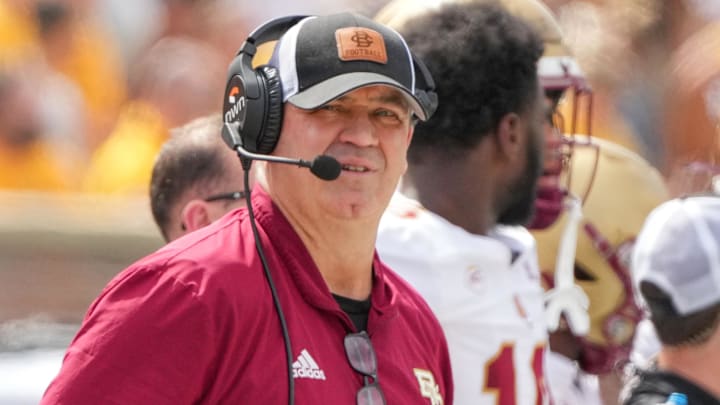 Sep 14, 2024; Columbia, Missouri, USA; Boston College Eagles head coach Bill O'Brien watches the replay board against the Missouri Tigers during the first half at Faurot Field at Memorial Stadium. Mandatory Credit: Denny Medley-Imagn Images