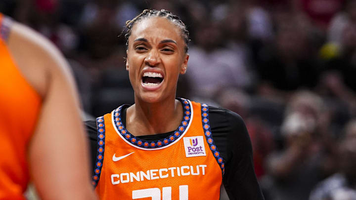 Aug 28, 2024; Indianapolis, Indiana, USA; Connecticut Sun forward DeWanna Bonner (24) celebrates during a game between the Indiana Fever and the Connecticut Sun at Gainbridge Fieldhouse. Mandatory Credit: Grace Smith-INDIANAPOLIS STAR-Imagn Images