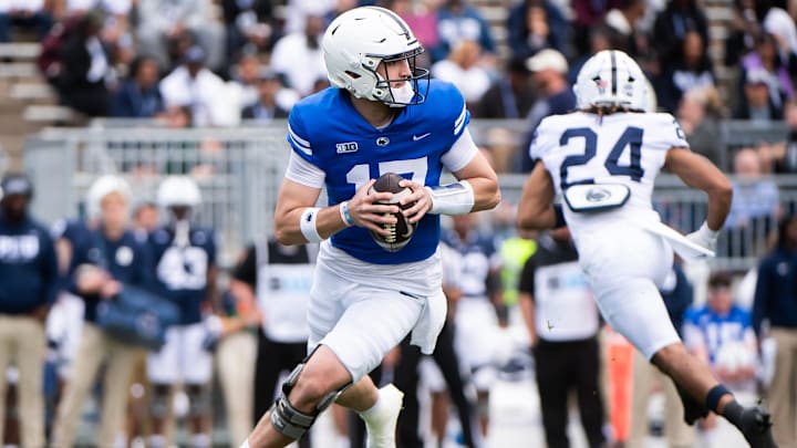 Penn State quarterback Ethan Grunkemeyer looks to throw during the Blue-White Game at Beaver Stadium. 