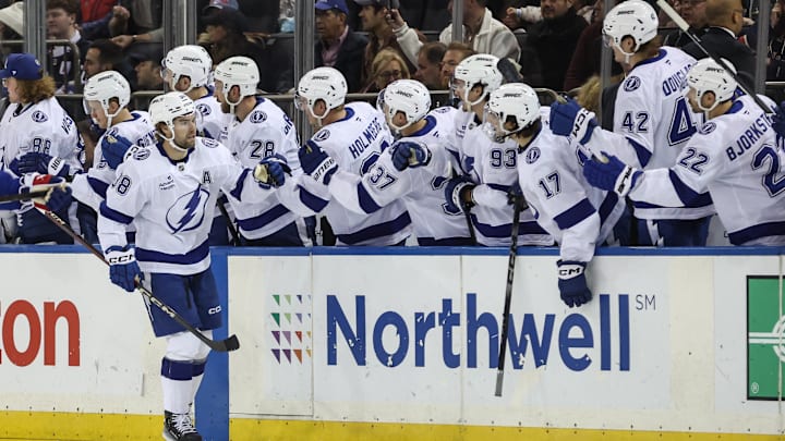 Nov 29, 2025; New York, New York, USA; Tampa Bay Lightning left wing Brandon Hagel (38) celebrates with his teammates after scoring a goal in the second period against the New York Rangers at Madison Square Garden. Mandatory Credit: Wendell Cruz-Imagn Images Nov 29, 2025; New York, New York, USA; Tampa Bay Lightning left wing Brandon Hagel (38) celebrates with his teammates after scoring a goal in the second period against the New York Rangers at Madison Square Garden. Mandatory Credit: Wendell Cruz-Imagn Images