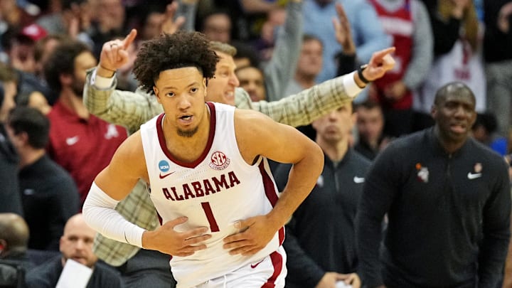 Mar 27, 2025; Newark, NJ, USA; Alabama Crimson Tide guard Mark Sears (1) celebrates after making a three pointer during the second half against the Brigham Young Cougars during an East Regional semifinal of the 2025 NCAA tournament at Prudential Center. Mandatory Credit: Robert Deutsch-Imagn Images Mar 27, 2025; Newark, NJ, USA; Alabama Crimson Tide guard Mark Sears (1) celebrates after making a three pointer during the second half against the Brigham Young Cougars during an East Regional semifinal of the 2025 NCAA tournament at Prudential Center. Mandatory Credit: Robert Deutsch-Imagn Images