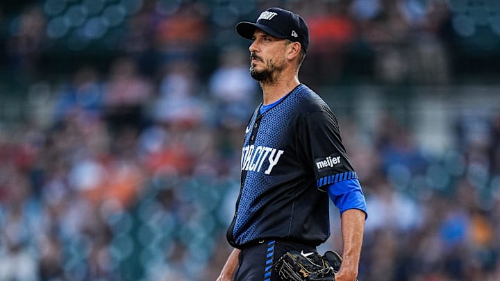 Detroit Tigers pitcher Charlie Morton (50) looks on before pitching against Atlanta Braves during the first inning at Comerica Park in Detroit on Friday, Sept. 19, 2025.