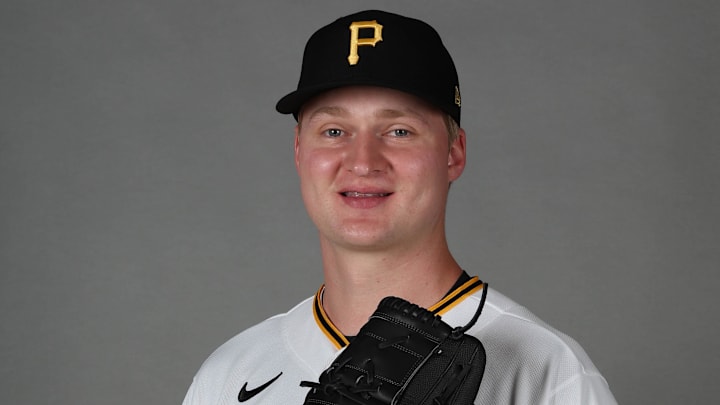 Feb 18, 2026; Bradenton, FL, USA; Pittsburgh Pirates pitcher Noah Murdock (58) poses for a photo during media day at Pirate City. Mandatory Credit: Kim Klement Neitzel-Imagn Images