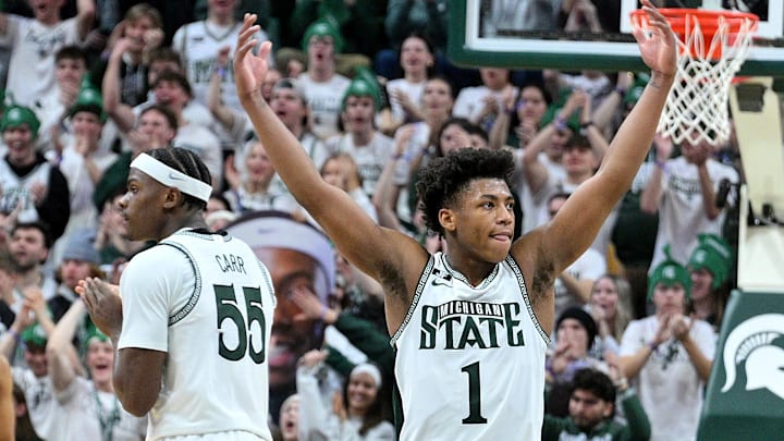 Jan 19, 2025; East Lansing, Michigan, USA;  Michigan State Spartans guard Jeremy Fears Jr. (1) urges the crowd to get loud during the second half against the Illinois Fighting Illini at Jack Breslin Student Events Center. Mandatory Credit: Dale Young-Imagn Images