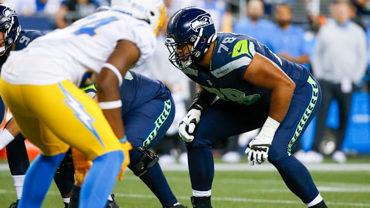 Aug 28, 2021; Seattle, Washington, USA; Seattle Seahawks offensive tackle Stone Forsythe (78) waits for a snap against the Los Angeles Chargers during the third quarter at Lumen Field. Mandatory Credit: Joe Nicholson-Imagn Images Aug 28, 2021; Seattle, Washington, USA; Seattle Seahawks offensive tackle Stone Forsythe (78) waits for a snap against the Los Angeles Chargers during the third quarter at Lumen Field. Mandatory Credit: Joe Nicholson-Imagn Images