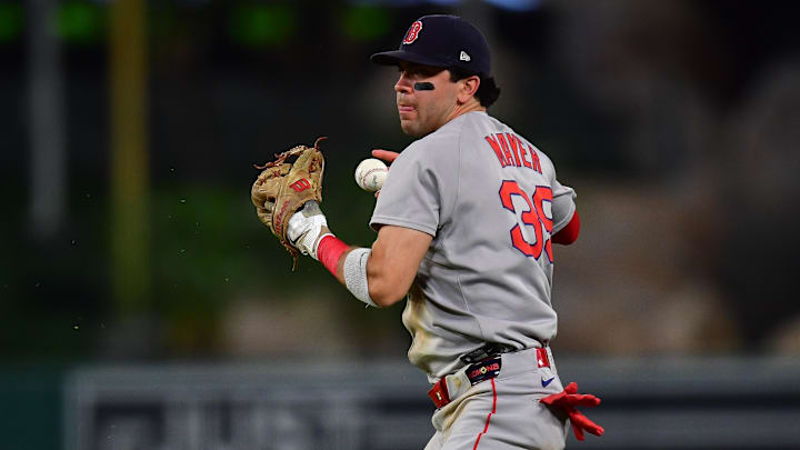 Jun 24, 2025; Anaheim, California, USA; Boston Red Sox second baseman Marcelo Mayer (39) loses control of the ball for the throw to first against Los Angeles Angels center fielder Jo Adell (7). during the seventh inning at Angel Stadium. Mandatory Credit: Gary A. Vasquez-Imagn Images Jun 24, 2025; Anaheim, California, USA; Boston Red Sox second baseman Marcelo Mayer (39) loses control of the ball for the throw to first against Los Angeles Angels center fielder Jo Adell (7). during the seventh inning at Angel Stadium. Mandatory Credit: Gary A. Vasquez-Imagn Images