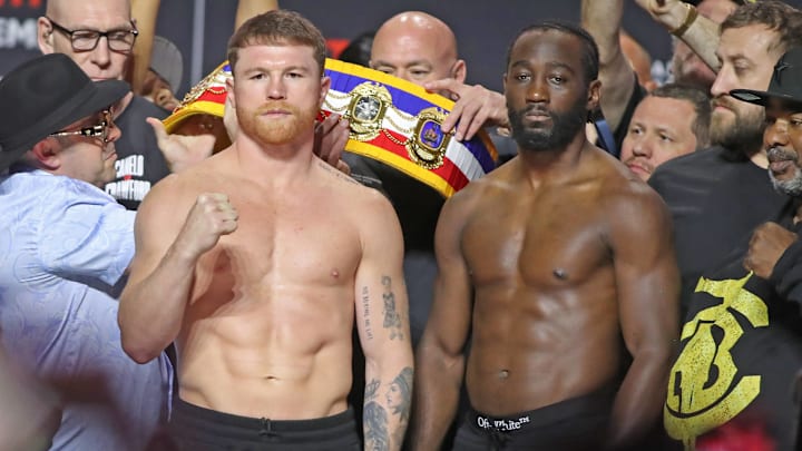 Sept. 12, 2025; Canelo Alvarez and Terence Crawford at the weigh-in for Netflix's "fight of the century."